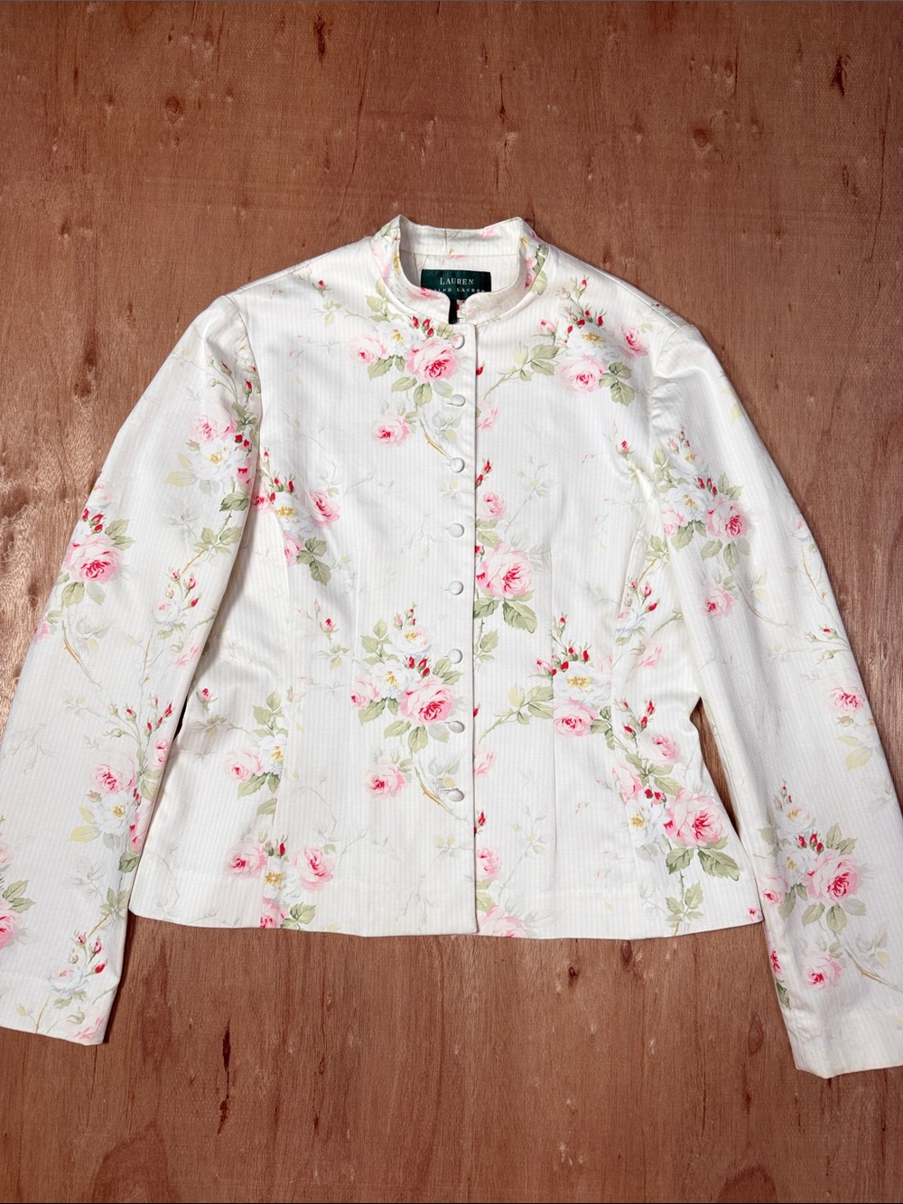 Lauren Ralph Lauren Cream Floral Button-Down Blazer with Pink Rose Print L